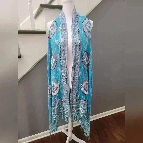 RAJ  Imports Turquoise Embroidered Vest Boho One Size Fringe India Molly Fringe - Picture 3 of 7